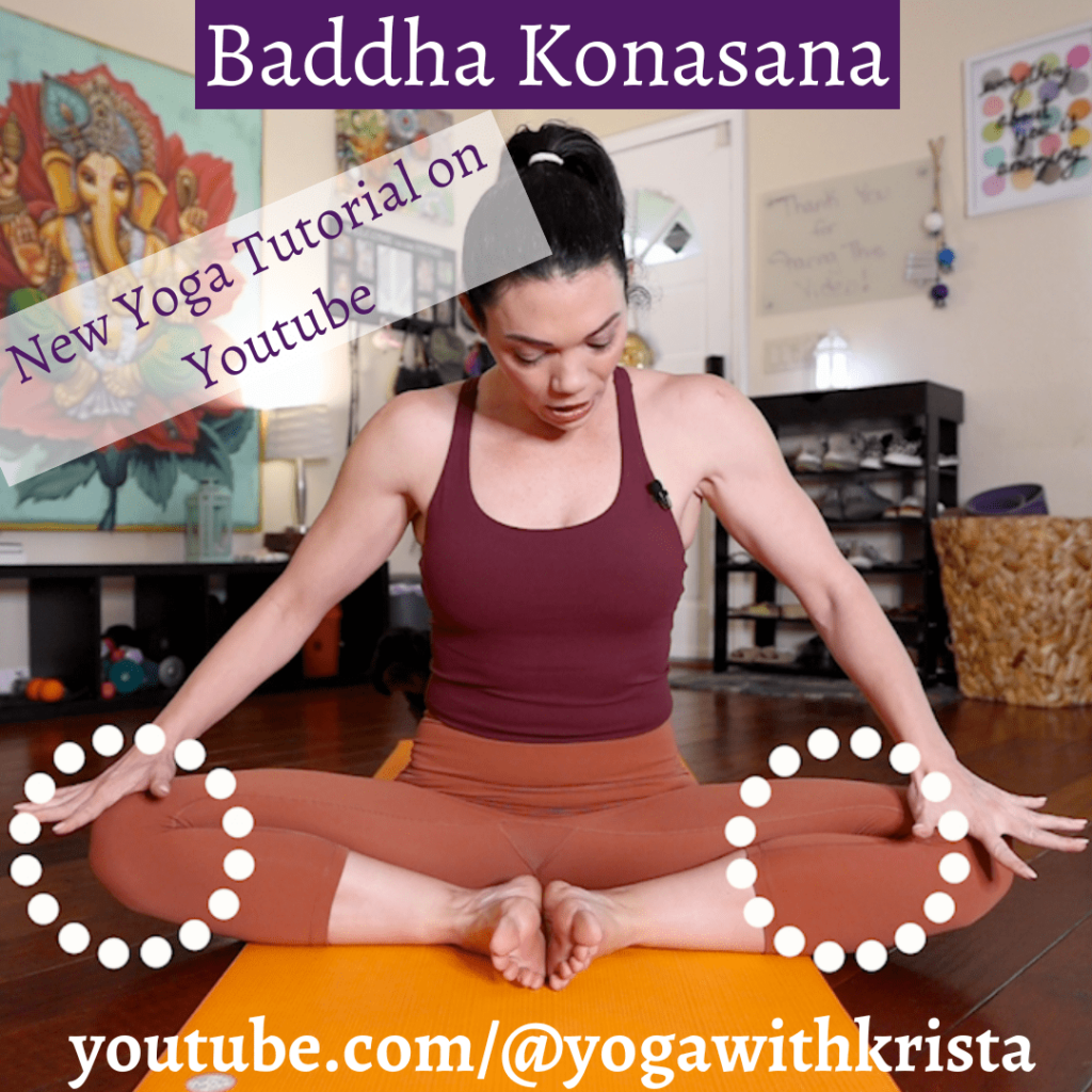 Krista Shirley demonstrating Baddha Konasana yoga pose from Ashtanga Yoga Primary Series; advertisement for her full tutorial on YouTube channel youtube.com/@yogawithkrista.