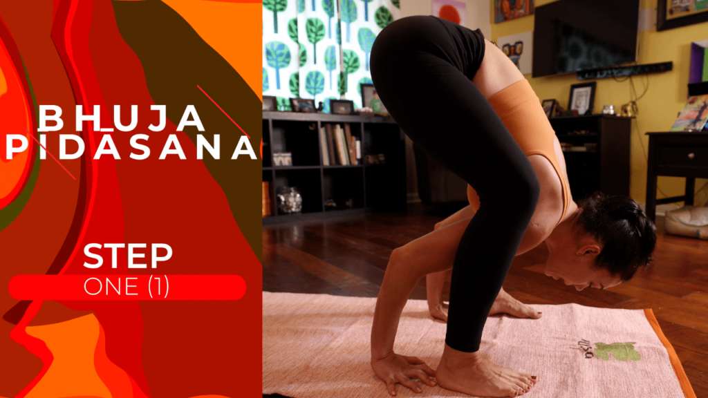 Krista Shirley, a level two authorized Ashtanga Yoga teacher and owner of the Yoga Shala in Maitland, Florida, demonstrating step one of five in her YouTube tutorial on mastering Bhujapidasana.