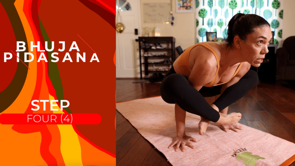 Krista Shirley, a level two authorized Ashtanga Yoga teacher and owner of the Yoga Shala in Maitland, Florida, demonstrating step four of five in her YouTube tutorial on mastering Bhujapidasana.