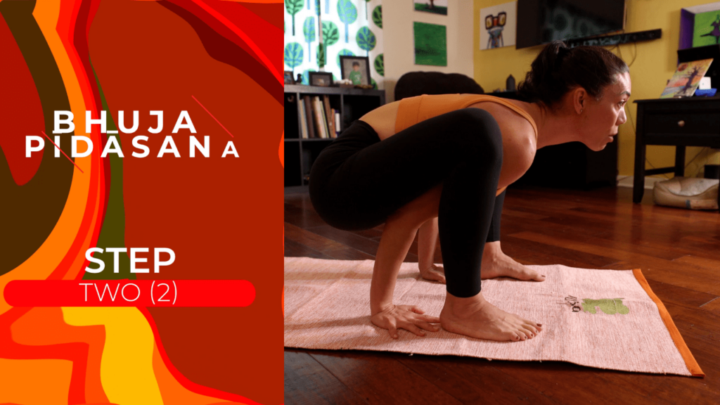 Krista Shirley, a level two authorized Ashtanga Yoga teacher and owner of the Yoga Shala in Maitland, Florida, demonstrating step two of five in her YouTube tutorial on mastering Bhujapidasana.