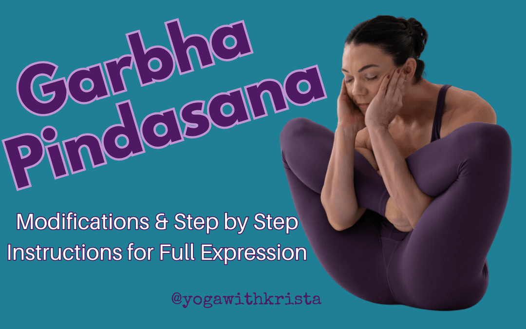 Krista Shirley demonstrating Garbha Pindasana yoga pose from Ashtanga Yoga Primary Series; advertisement for her full tutorial on YouTube channel youtube.com/@yogawithkrista.