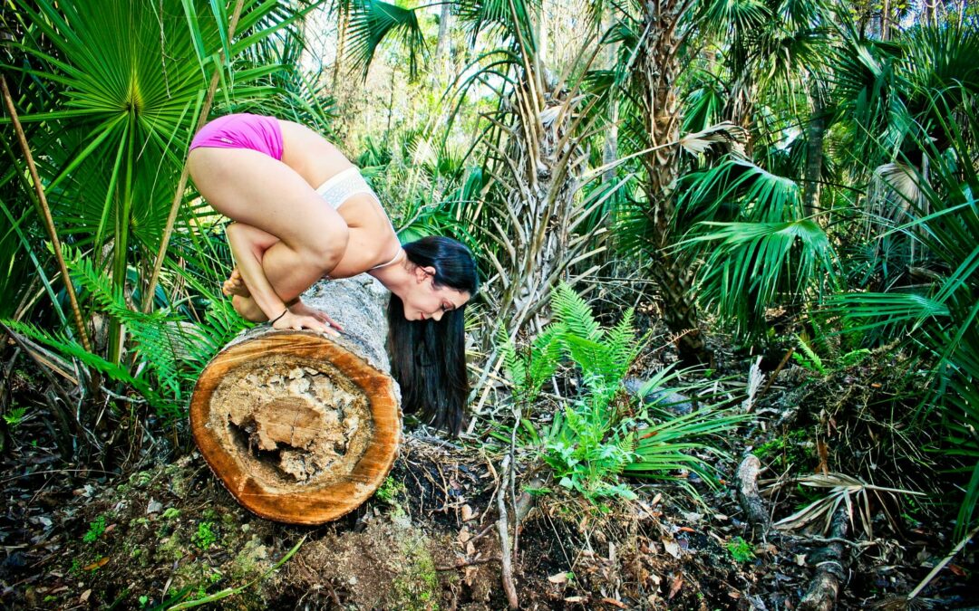 Krista Shirley, a level two authorized Ashtanga Yoga teacher and owner of the Yoga Shala in Maitland, Florida, performing Bhujapidasana at Wekiwa Springs. The serene natural setting emphasizes her strength and balance in this arm pressure pose from the Ashtanga Yoga primary series.